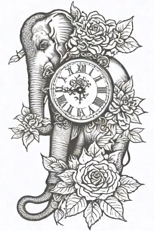 elephant, clock, sunflower, lotus, roses tattoo design idea