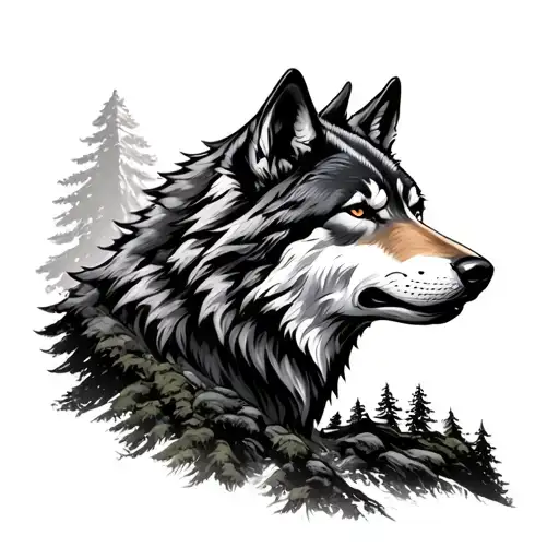 direwolf face from the side, stong big lebanese cedar tree on the mountain, beirut, living aboard  tattoo design idea