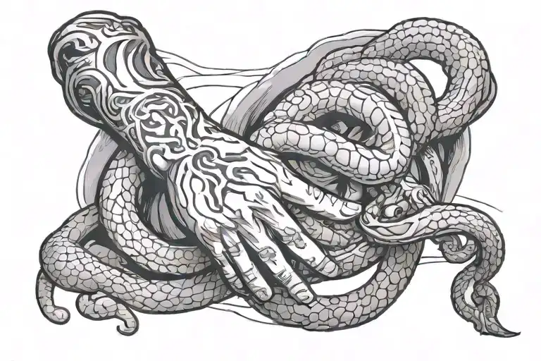 Creation of adam with snake on one hand and rosary beads on the other.  tattoo design idea