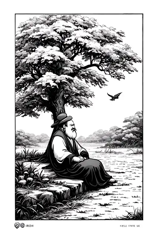 zoomed out cartoon sketch of Uncle iroh sitting under a tree with ba sing se in the backround. Appa flying in distance tattoo design idea