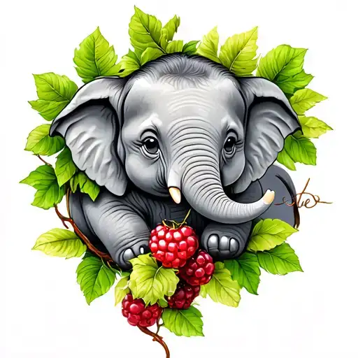baby elephant hold blackberry vine tattoo design idea