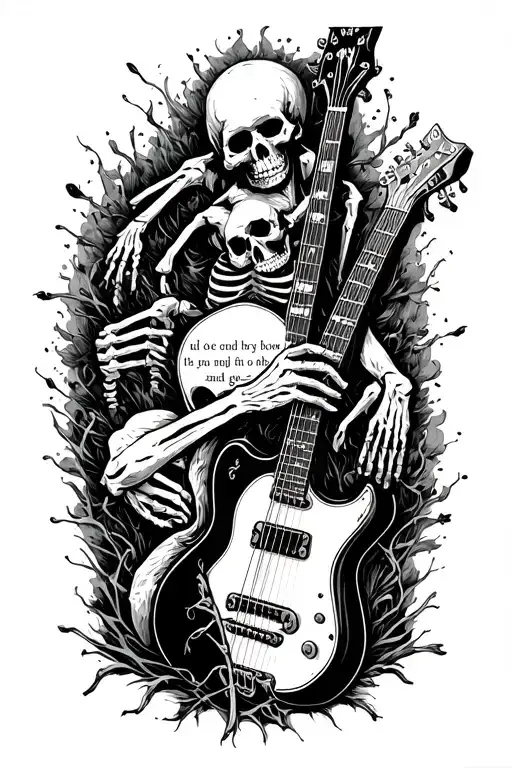 Blackwork fine-line right forearm wrap with tombstones in mist, minimal worship lyrics, and two subtle skeletons (guitar tattoo design idea