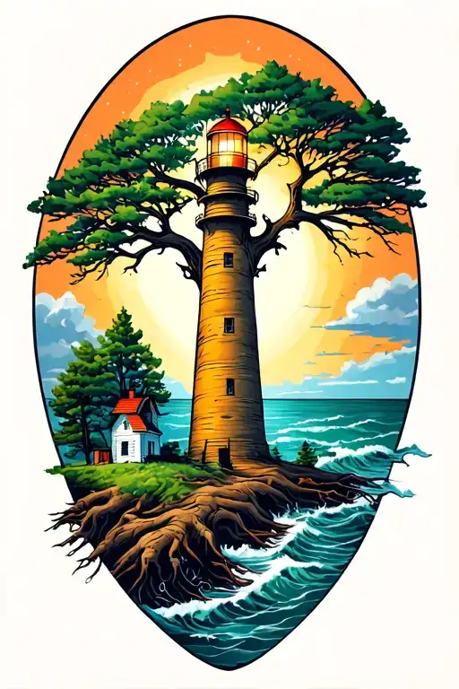 single rooted tree next to lighthouse and north start in the sky tattoo design idea
