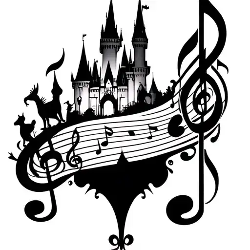 An intricate tattoo of a Disney castle blending into a musical staff with animals playing various instruments tattoo design idea