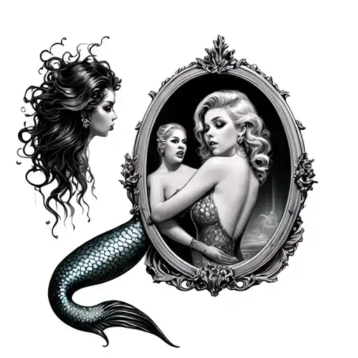 pin up style mermaid looking into mirror with evil siren reflection tattoo design idea