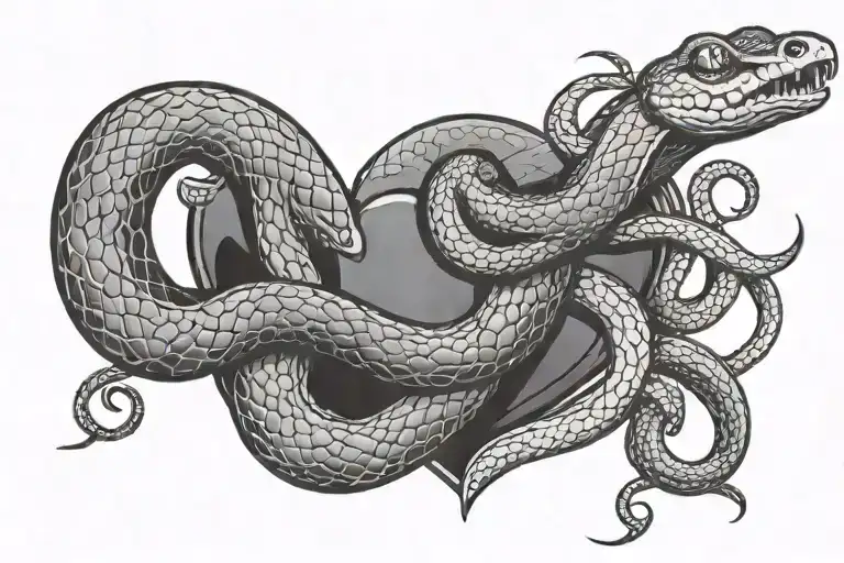 snakes biting hand holding heart tattoo design idea