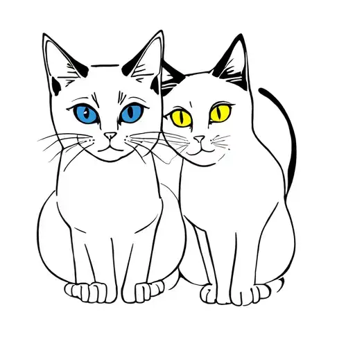tattoo of two cats, one chubby, with blue eyes, Siamese, the other black and white, yellow eyes, but only lines tattoo design idea