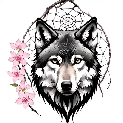 wolf dreamcatcher cherry blossoms tattoo design idea