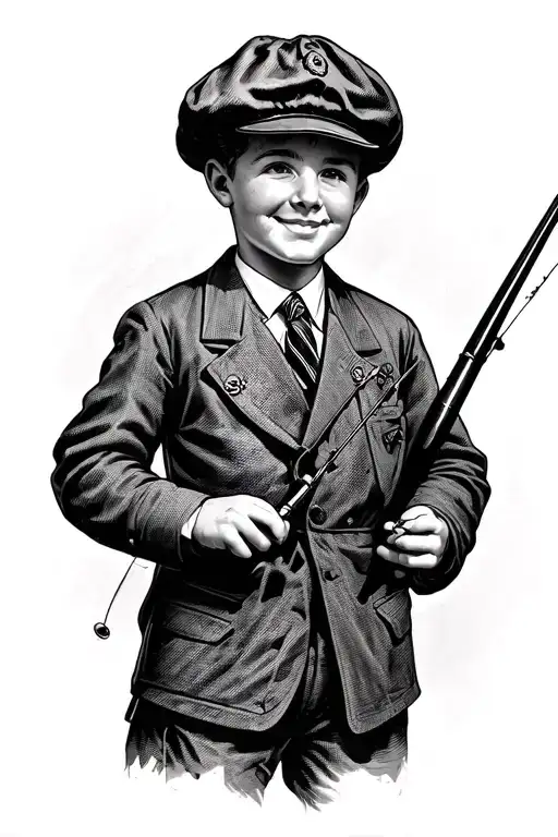 1950s british shcool boy holding a fishing rod tattoo design idea