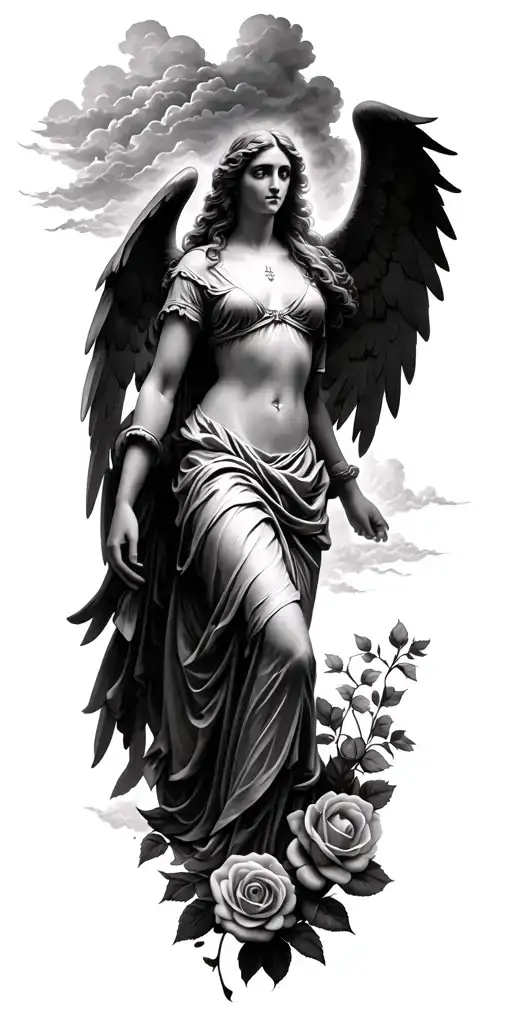 biblical accurate angel with clouds and roses tattoo design idea