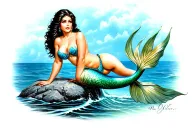 pin up mermaid brunette sitting on rock in ocean tattoo design idea