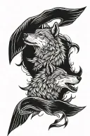 Wolf being impacted from one shoulder by cancer ribbon and the other shoulder by a wing protecting it tattoo design idea