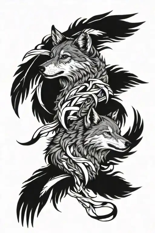 Wolf being impacted from one shoulder by cancer ribbon and the other shoulder by a wing protecting it tattoo design idea