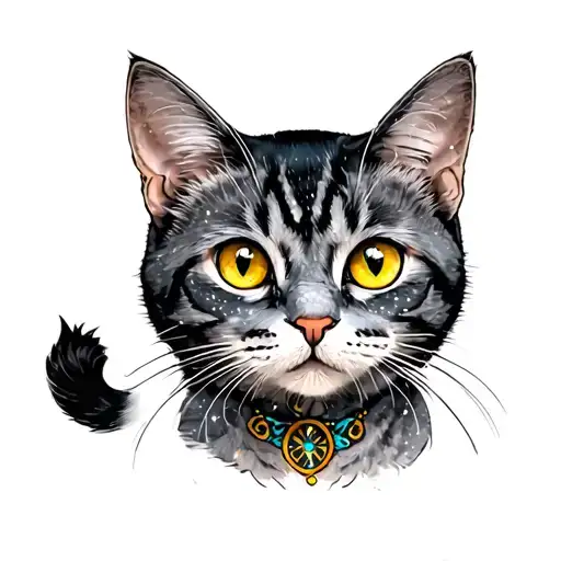 starry dark grey tabby cat with yellow eyes tattoo design idea