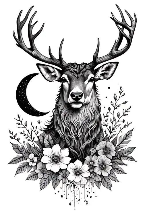 Hirsch with moon in the antlers and flowers mystical tattoo dotwork tattoo design idea