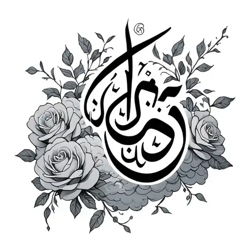 clouds, arabic calligraphy, roses intertwined vines tattoo design idea