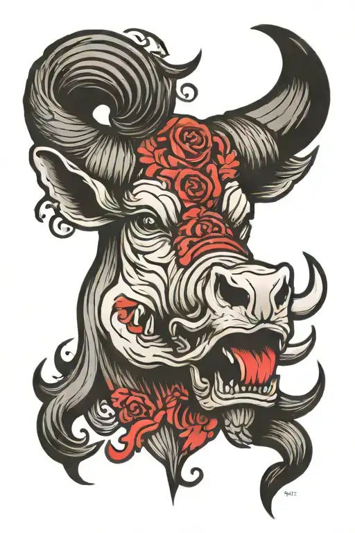 Bull horn with red and black shades tattoo design idea