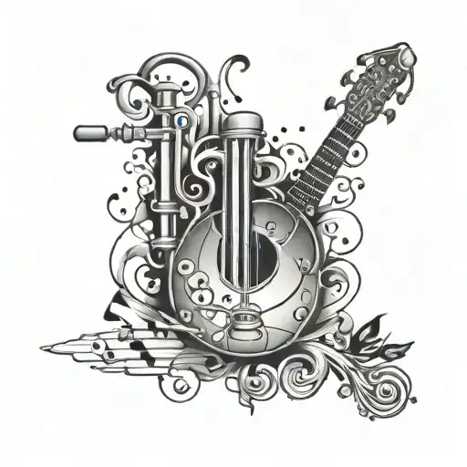 A fusion of chemistry and music in a black and grey tattoo design, incorporating elements of Disney and the number 15 in a visually striking way tattoo design idea