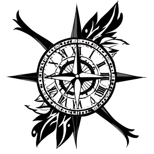 clock  with compass rose tattoo design idea