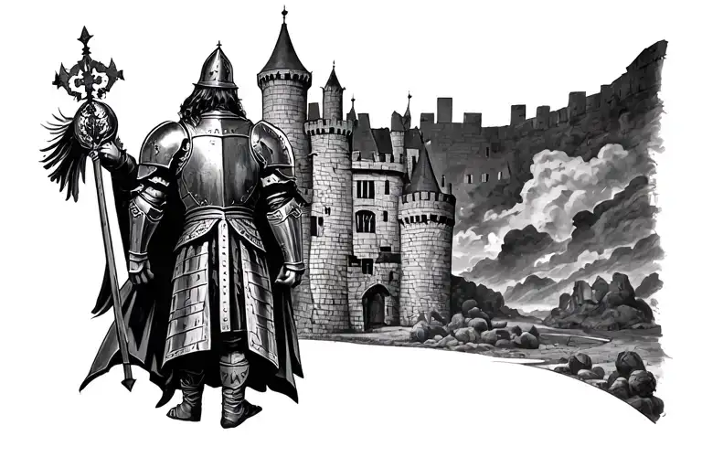 English knight and castle in back tattoo very realistic  tattoo design idea