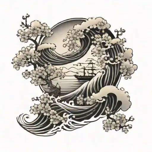 japanese waves, cherry blossoms, clouds, tattoo design idea