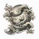 japanese waves, cherry blossoms, clouds, tattoo design idea