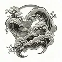 japanese waves, cherry blossoms, clouds, tattoo design idea
