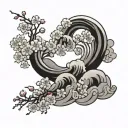 japanese waves, cherry blossoms, clouds, tattoo design idea