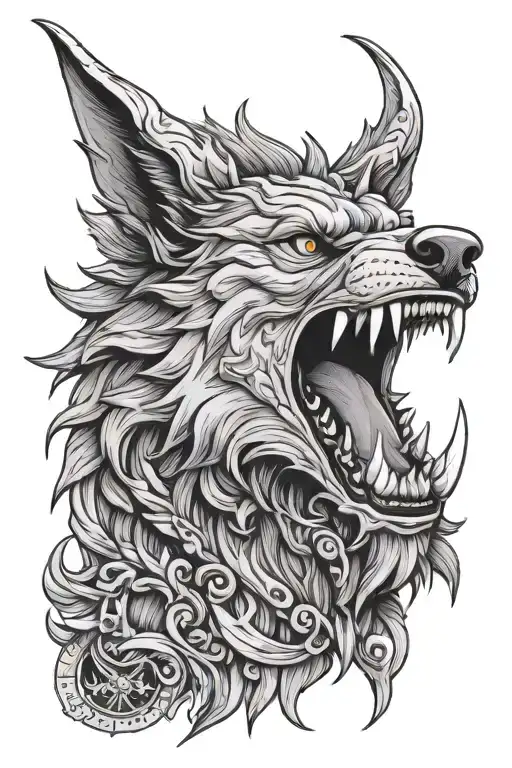a head on image of Fenrir with a sword piercing through his mouth vertically while he is snarling  tattoo design idea