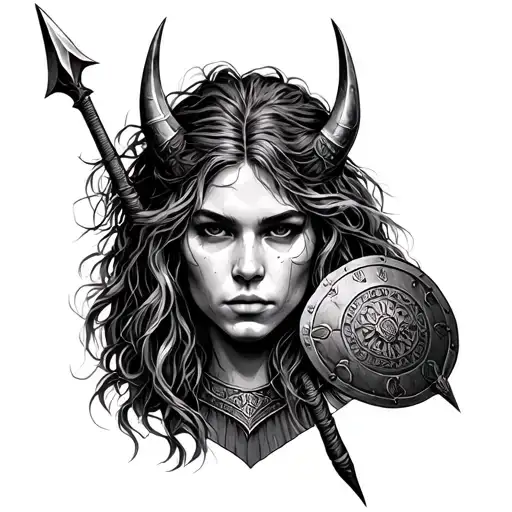 Freja viking face as tattoo with spear and shield tattoo design idea