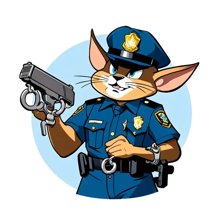 TAZ from Looney Tunes is dressed in the form of the police, holds handcuffs in his hands and stun gun tattoo design idea