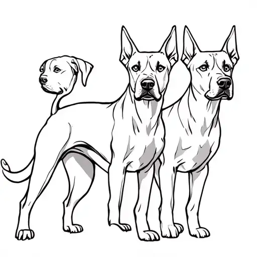 A bold black outline tattoo design of Cerberus, the three-headed Doberman dog, in a minimalist “see no evil, hear no evi tattoo design idea