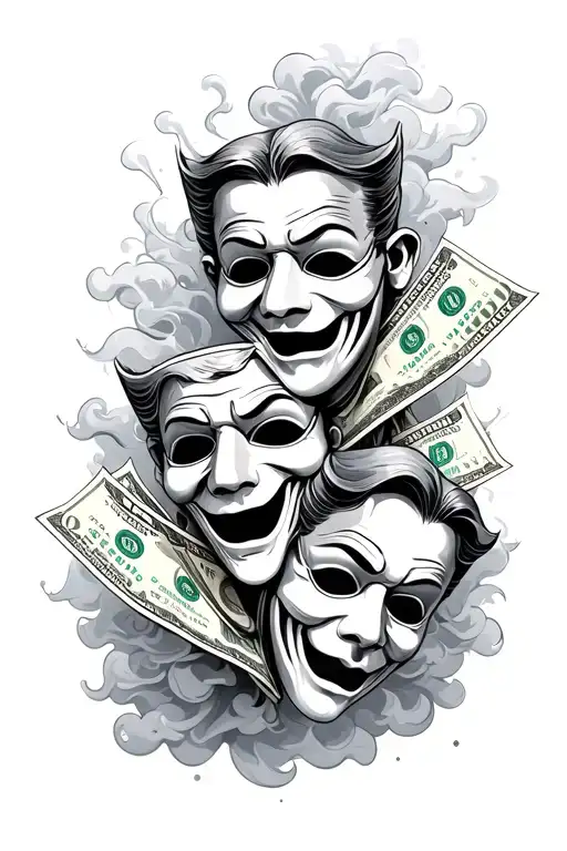 comedy amd tragedy masks with 100 dollar bills and smoke n clouds to fill background  tattoo design idea