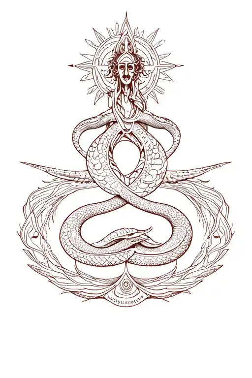 Please create a tattoo of tantric union, kundalini rise with a serpent and spirituality. Use tantric symbols of union. tattoo design idea