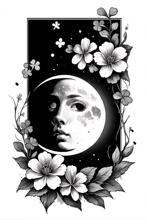 first moon phase with exotic flowers and clover in detail, sign for everlasting love and personal growth for female fore tattoo design idea