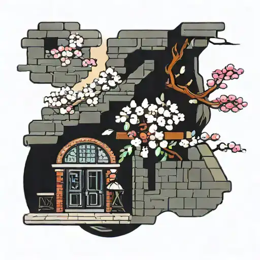 brick cellar entrance and cherry blossom tattoo design idea