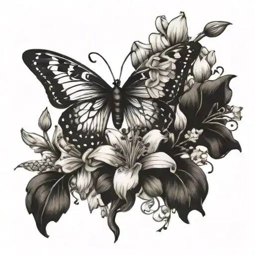 Black and white Spine tattoo with a butterfly and flowers and the flowers are carnation, snowdrop, Lilly of the valley,  tattoo design idea