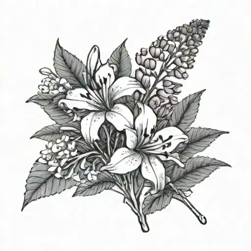 a small tattoo incorporating both the Pride of Barbados flower and the Spachea perforata flower in a bouque. only a blac tattoo design idea