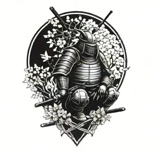 Samurai in armor and helmet kneeling under cherry tree on his sword, head bowed, in view of rising sun and morning birds tattoo design idea