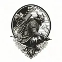 Samurai in armor and helmet kneeling under cherry tree on his sword, head bowed, in view of rising sun and morning birds tattoo design idea