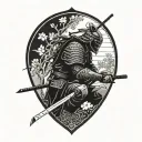 Samurai in armor and helmet kneeling under cherry tree on his sword, head bowed, in view of rising sun and morning birds tattoo design idea