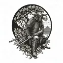 Samurai in armor and helmet kneeling under cherry tree on his sword, head bowed, in view of rising sun and morning birds tattoo design idea