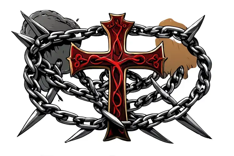 Orthodox cross bound with thick spiked chains tattoo design idea