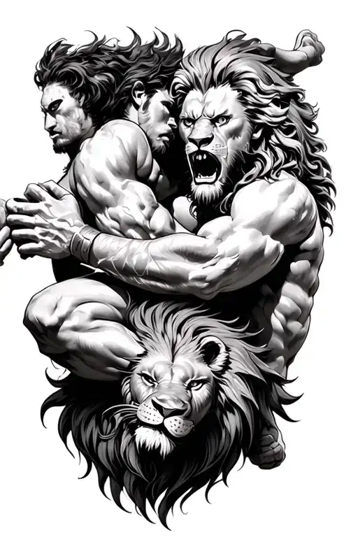 Samson from the Bible vs lion fighting tattoo design idea