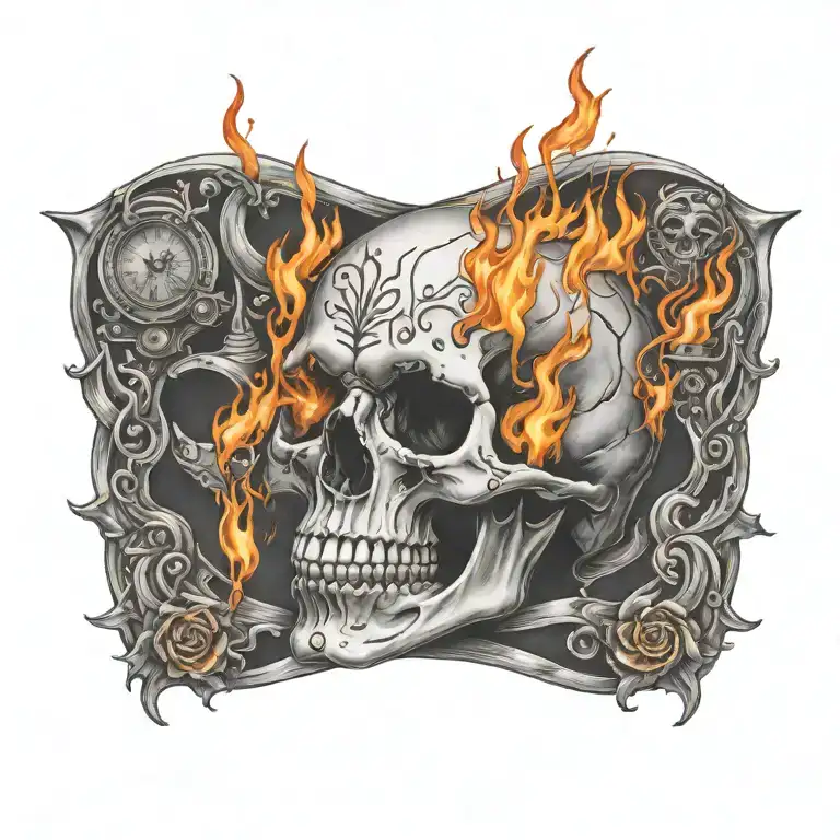 juice wrld flaming skull tattoo design idea