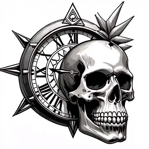 skull, clock, valknut symbol tattoo design idea