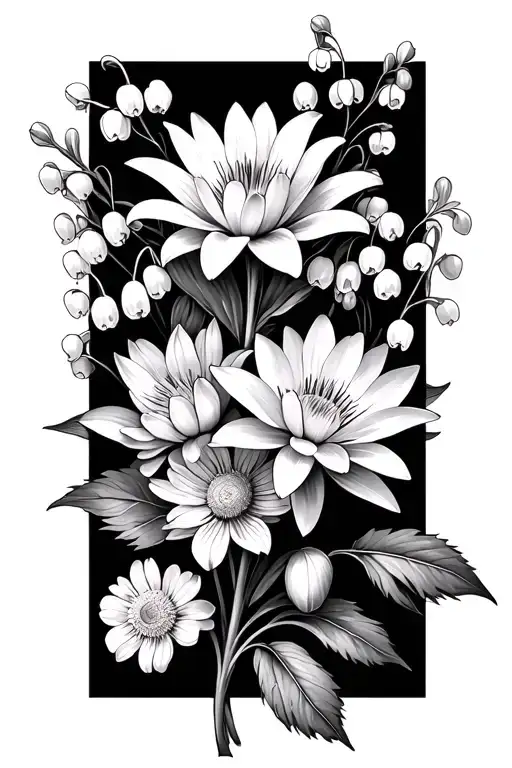 bouquet aster, lily of the valley, water lily, larkspur, marigold flowers tattoo design idea