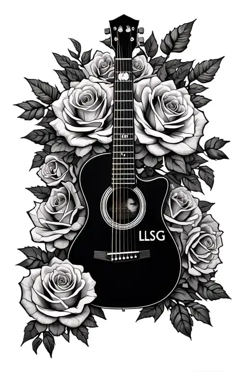 a acoustic guitar surrounded by roses and LLSG across the fret board tattoo design idea