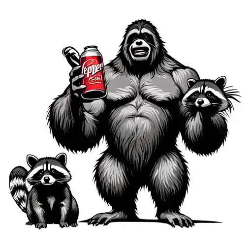 sasquatch drinking dr. pepper holding 2 feral raccoons tattoo design idea