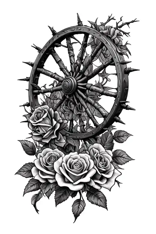 Gypsy wheel with roses with thorns. Realistic style tattoo design idea